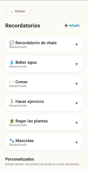 Pantalla de recordatorios